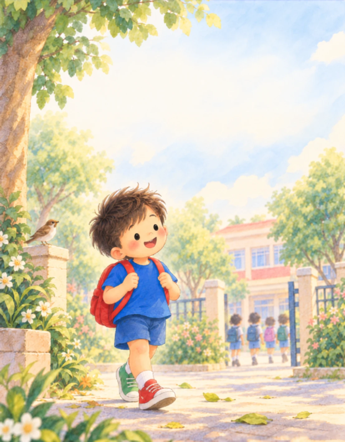 Little Mo walking happily to school in blue clothes, with a red backpack and mismatched sneakers