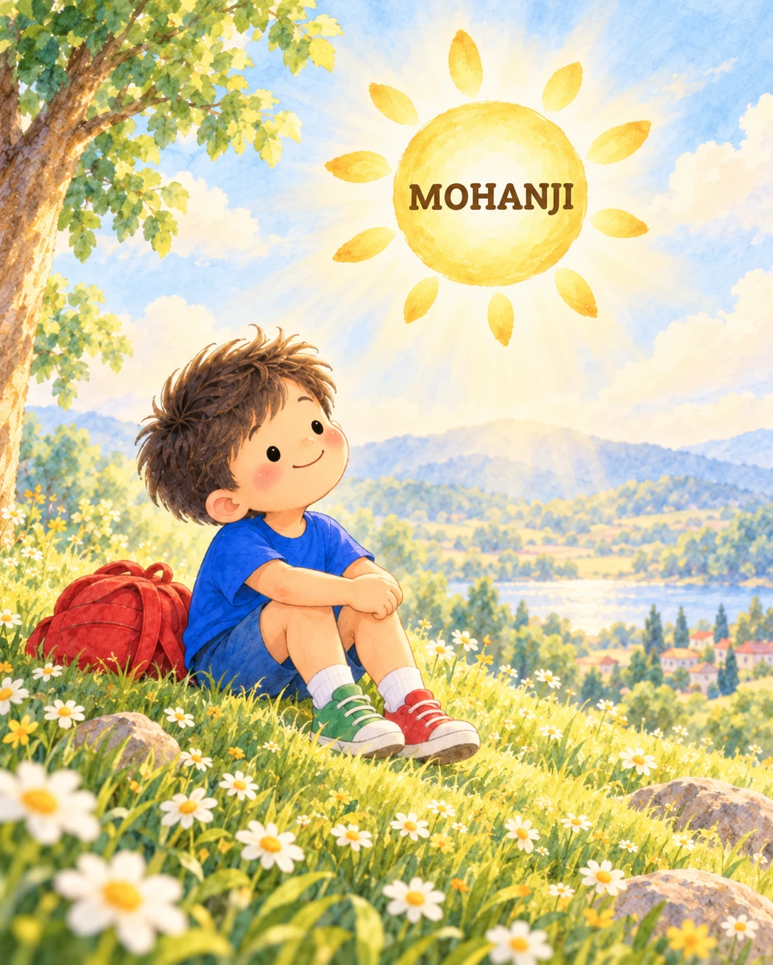 Little Mo sitting among daisies, looking up at Mohanji’s loving presence as a golden sun